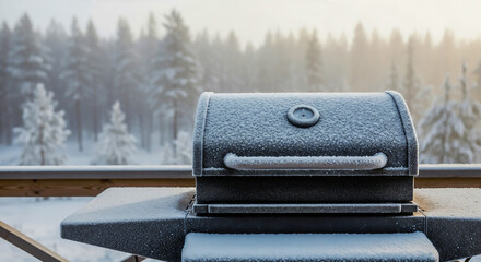 Frost on outdoor grill in forest symbolizing seasonal pause