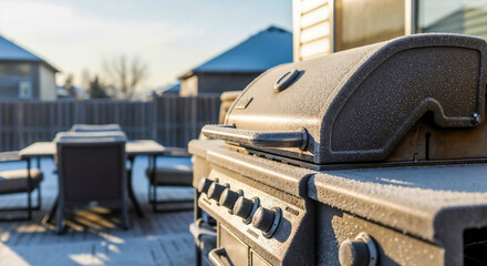 Frosted gas grill on patio symbolizing off-season stillness