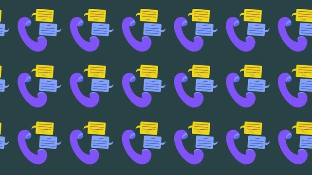 Seamless pattern of telephone, call, and chat communication icons in a tile background animation. Repeating wallpaper with contact center, customer support, and messaging symbols.