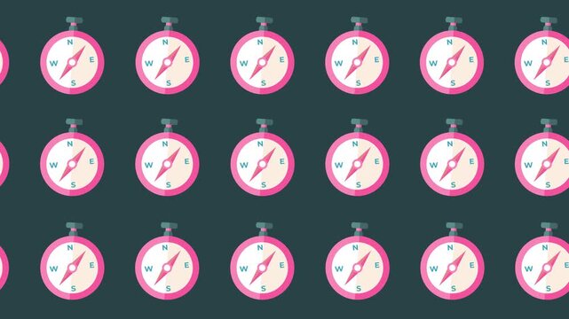 Seamless pattern of pink compass and direction navigation icons in a tile background animation. Repeating wallpaper for business strategy backdrop and guidance graphic symbols.
