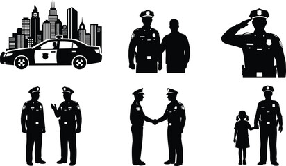 Police officer silhouettes with patrol car, city skyline, salute pose, handshake, community protection scene, law enforcement teamwork illustration © Its Marjia's World