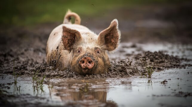 grunting. A pink pig playing in a muddy puddle, covered in mud droplets. wildlife magazines, conservation campaigns, designed for eco-tourism storytelling, used by it administrators.
