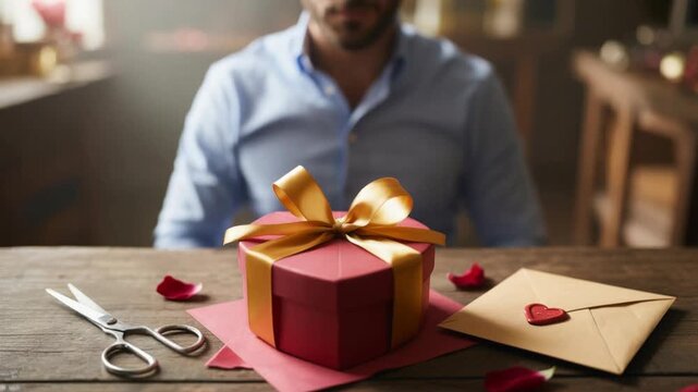 Man tying a golden ribbon on a romantic heart-shaped gift box for valentine's day