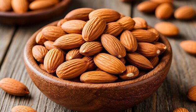 Almonds filling a natural wooden bowl, arranged on a weathered grey wooden surface, offering healthy snacking - Powered by Adobe