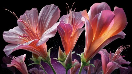 Close-up of several trumpet-shaped lily flowers in shades of pink and orange, with delicate water droplets on their petals. The background is a deep black, with