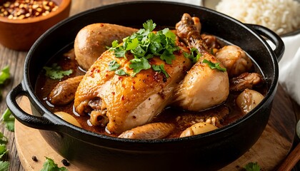 Appetizing whole chicken stew garnished with fresh cilantro and chili flakes, ready to serve with rice