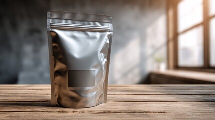 Silver foil coffee bag mockup on wooden surface. Premium packaging template
