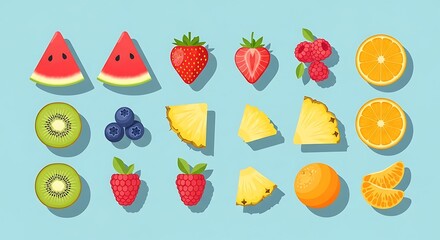 Colorful collection of fresh fruit slices illustration on blue background.