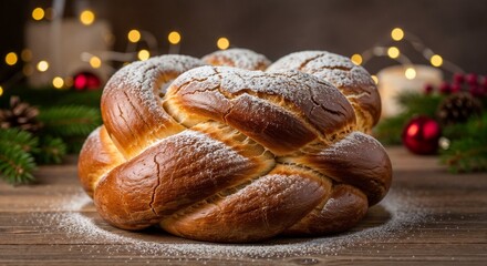 Golden braided Cozonac freshly baked with soft texture, festive mood, traditional Romanian sweet bread