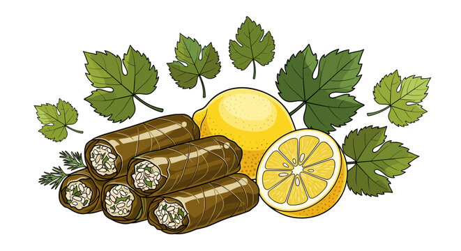 Dolma with grape leaves and lemon vector illustration, ethnic food concept, Mediterranean cuisine, white background