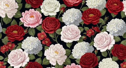 Floral pattern background with roses and hydrangeas in red white and pink on a dark background