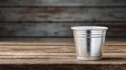 Silver foil cup mockup on wooden surface