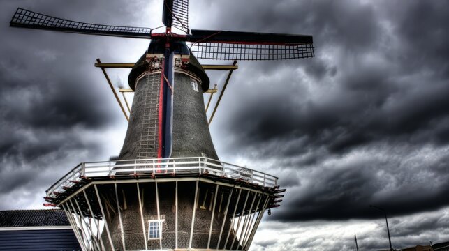 anemometer. Damaged windmill with broken sails turning against a stormy sky, resilience theme. ESG reports, sustainability campaigns, designed for environmental awareness campaigns.
