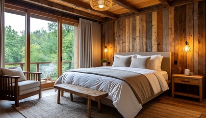 Inviting bedroom creating a tranquil atmosphere with reclaimed wood walls, comfortable bedding, and a large window facing green trees