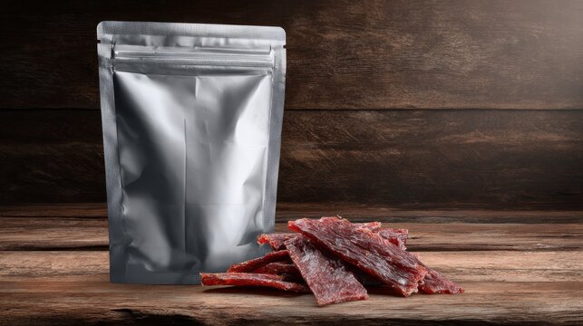 Premium silver foil jerky pack mockup on textured wooden surface