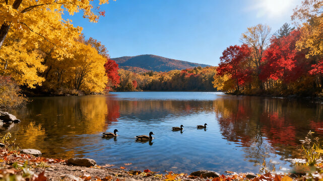Scenic autumn view of a river with mountains reflected in calm water. Trees with golden foliage line a countryside path at sunset . Vibrant seasonal colors and peaceful nature in fall