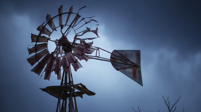 anemometer. Damaged windmill with broken sails turning against a stormy sky, resilience theme. ESG reports, sustainability campaigns, designed for environmental awareness campaigns.
