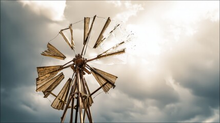 anemometer. Damaged windmill with broken sails turning against a stormy sky, resilience theme. ESG reports, sustainability campaigns, designed for environmental awareness campaigns.

