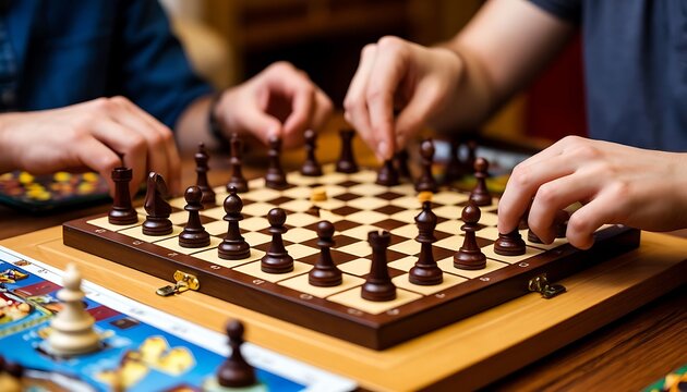 Two individuals playing a game of chess, hands moving pieces on the wooden board. Focusing on strategy, competition, and mental challenge