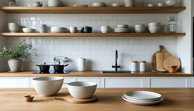 Modern kitchen interior showcasing clean lines, wood countertops, ceramic bowls, and open shelving with various plates and dishes