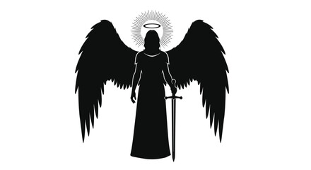 Fototapeta premium A striking silhouette of a powerful angel with large, feathered wings, a luminous halo, and a resolute stance, holding an upright sword.