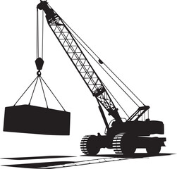 Silhouette of a mobile crane lifting a heavy load against a white background