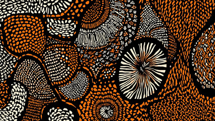 High Contrast African Indigenous Dot Art Pattern in Orange, Black, and White