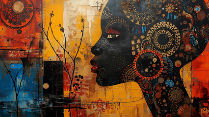 Textured Abstract Contemporary African Art Featuring Woman's Profile