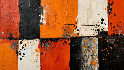 Abstract Vertical Color Blocks with Heavy Texture and Paint Splatter in Orange, Black, and White