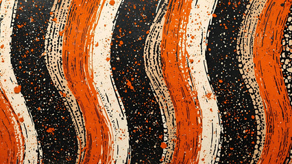 Abstract Wavy Stripe Pattern in Orange, Black, and Cream with Paint Splatter