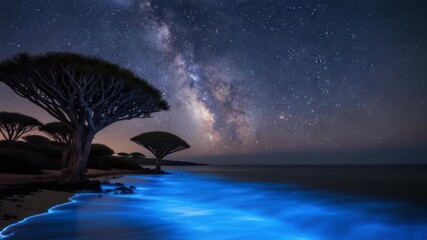 Stunning Bioluminescent Waves and Dragon Blood Trees Under a Magnificent Starry Night Sky - Powered by Adobe