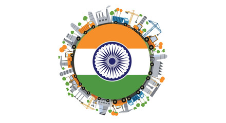 Illustration of India's economic growth and infrastructure development, featuring the national flag encircled by industrial and construction elements.