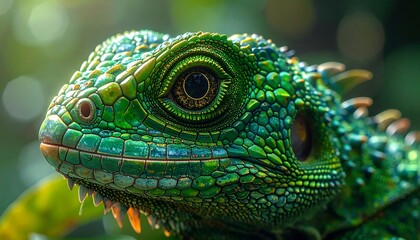 Fototapeta premium Close-up view of a vibrant green iguana with focused eye detail