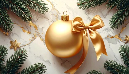 Festive gold ornament with bow, surrounded by evergreen sprigs and golden stars, resting on a marble surface