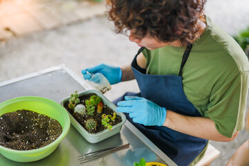 Asian Man Planting cactus at an Eco-Friendly Farm.