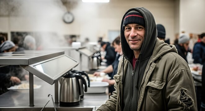 Homeless people. Homeless man in a warm hoodie stands at a soup kitchen, smiling while serving food, surrounded by steam and other individuals in a supportive community environment