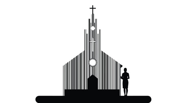 A church silhouette constructed from barcode lines, featuring a cross and a person standing nearby, symbolizing the commercialization of faith and spirituality.