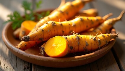 Golden turmeric roots arranged in a rustic stoneware dish, directional natural light, sharp shadows, warm earthy palette, high-resolution macro detail, culinary ingredient concept.