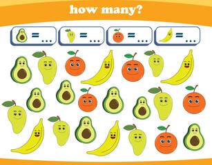 Counting game of fruits for preschool kids. Printable. Vector Illustration