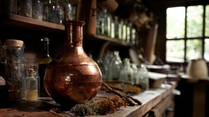 alembic. Vintage copper alembic still on a wooden workbench in an alchemist's workshop with a blurred background. STEM education sheets.
