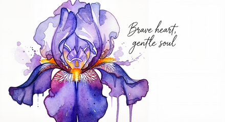 Iris in violet and indigo loose watercolor illustration with handwritten quote “Brave heart, gentle soul” bold yet gentle mood, floral empowerment concept