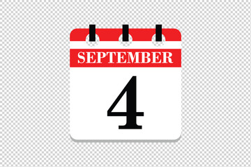 4 September Calendar icon vector, 4 dates of September month calendar icon, dates of September 4 icon calendar, vector calendar icon.