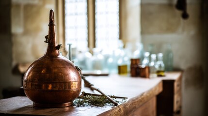 alembic. Vintage copper alembic still on a wooden workbench in an alchemist's workshop with a blurred background. STEM education sheets.

