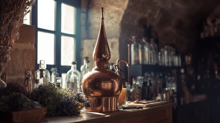 alembic. Vintage copper alembic still on a wooden workbench in an alchemist's workshop with a blurred background. STEM education sheets.

