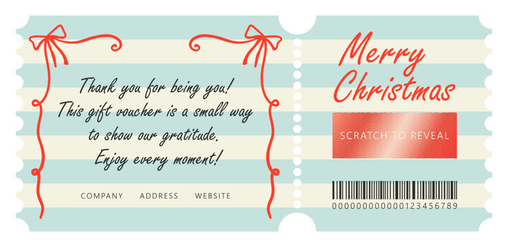 Gift certificate or voucher. Merry Christmas congratulatory message. Scratch sticker layer.
