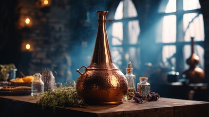 alembic. Vintage copper alembic still on a wooden workbench in an alchemist's workshop with a blurred background. STEM education sheets.
