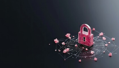 A 3D rendered pink, wireframe padlock is centrally positioned on a dark, reflective surface. It sits atop a circular digital interface with glowing lines and no