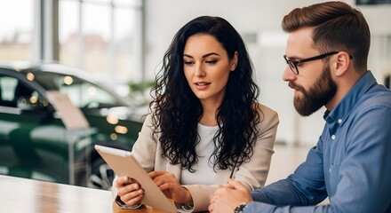 Car saleswoman showing a tablet to a customer discussing details in a dealership showroom