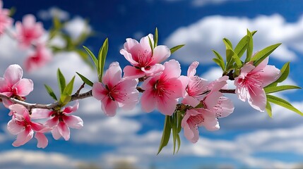 A close-up shot of a branch laden with delicate pink peach blossoms and vibrant green leaves, set against a bright blue sky dotted with fluffy white clouds. The