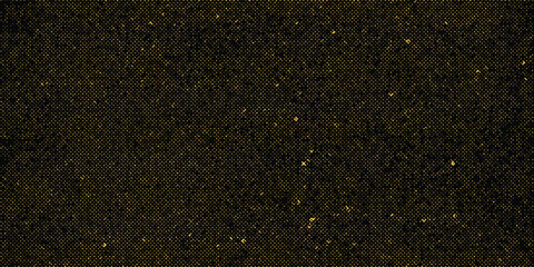 Vector halftone gold dots gradient diagonal tilt on black.